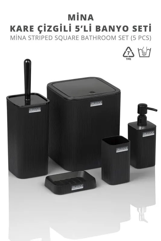 Mina Siyah Çizgili Kare Banyo Seti - Siyah Kare Mina - 4