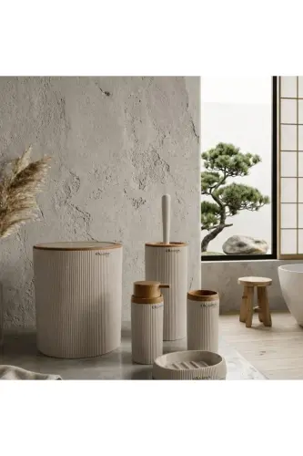 Mina Vizon Ahşap Desenli Çizgili Yuvarlak 5'li Banyo Seti-Vizon - OKYANUS HOME (1)