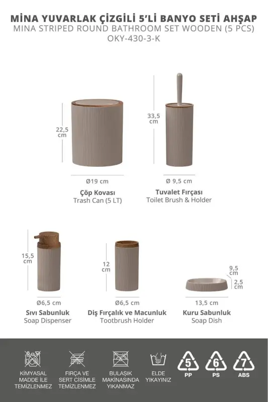 Mina Vizon Ahşap Desenli Çizgili Yuvarlak 5'li Banyo Seti-Vizon - 3