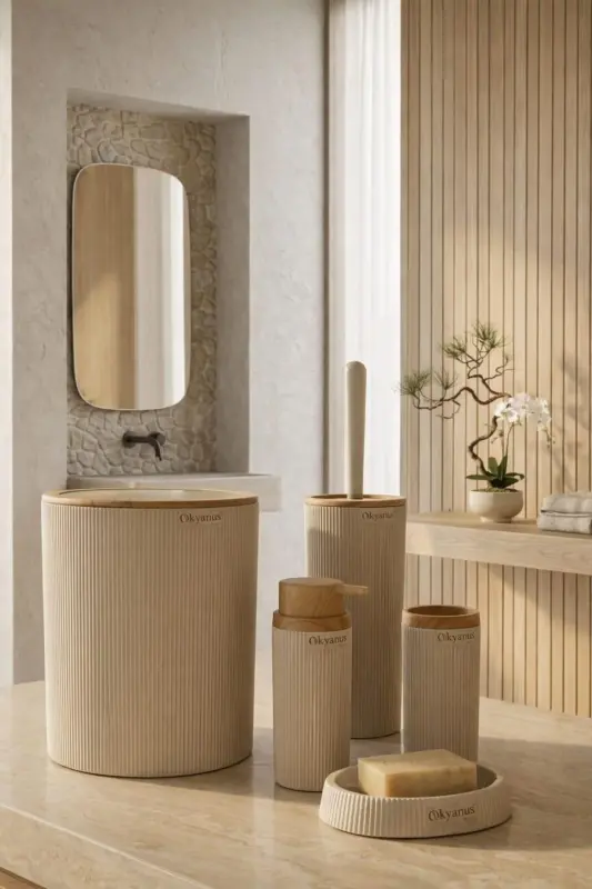 Mina Vizon Ahşap Desenli Çizgili Yuvarlak 5'li Banyo Seti-Vizon - OKYANUS HOME