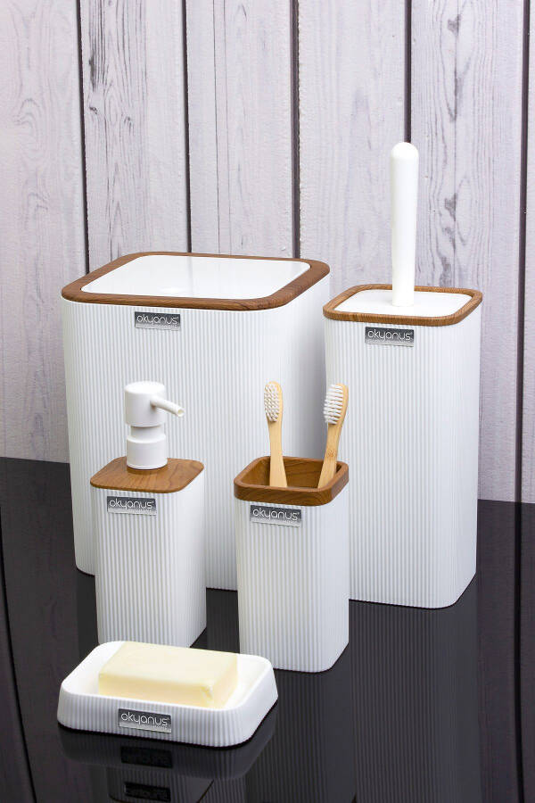 Mina White Wooden Patterned Striped Square 5-Piece Bathroom Set - 9