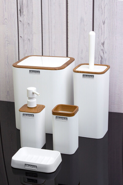 Mina White Wooden Patterned Striped Square 5-Piece Bathroom Set - 10