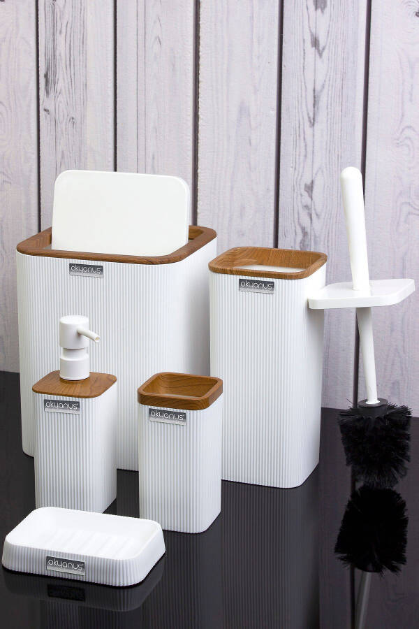 Mina White Wooden Patterned Striped Square 5-Piece Bathroom Set - 11