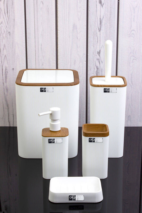 Mina White Wooden Patterned Striped Square 5-Piece Bathroom Set - 12