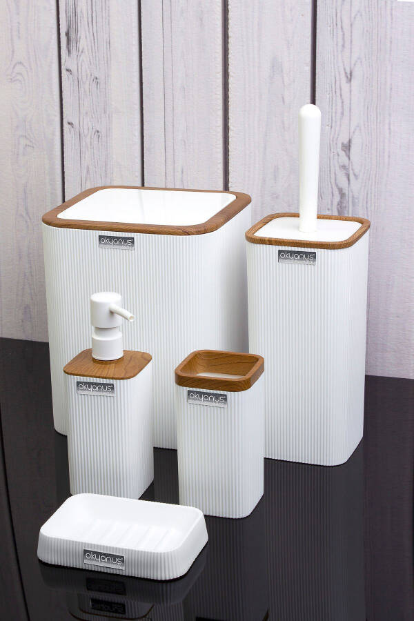 Mina White Wooden Patterned Striped Square 5-Piece Bathroom Set - 2