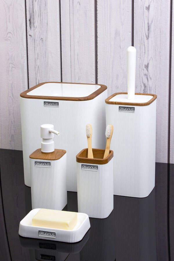 Mina White Wooden Patterned Striped Square 5-Piece Bathroom Set - 1