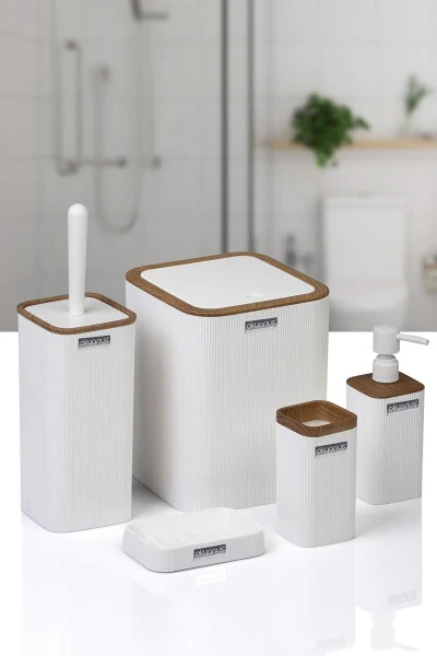 Mina White Wooden Patterned Striped Square 5-Piece Bathroom Set - 1