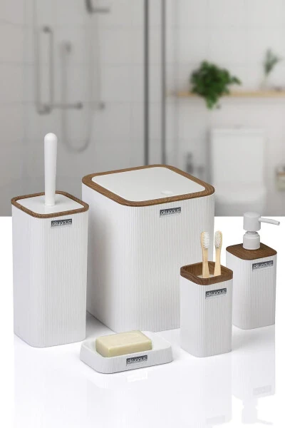 Mina White Wooden Patterned Striped Square 5-Piece Bathroom Set - 3
