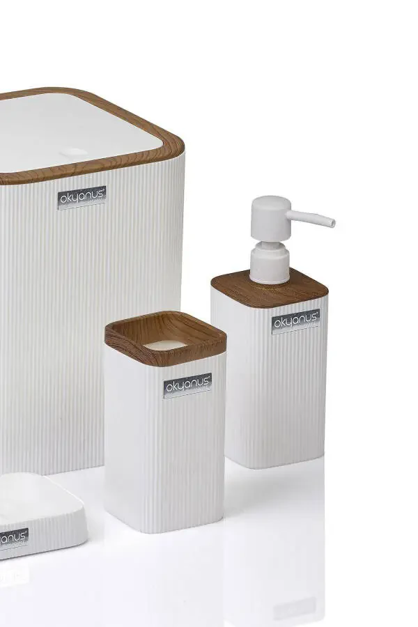 Mina White Wooden Patterned Striped Square 5-Piece Bathroom Set - 4