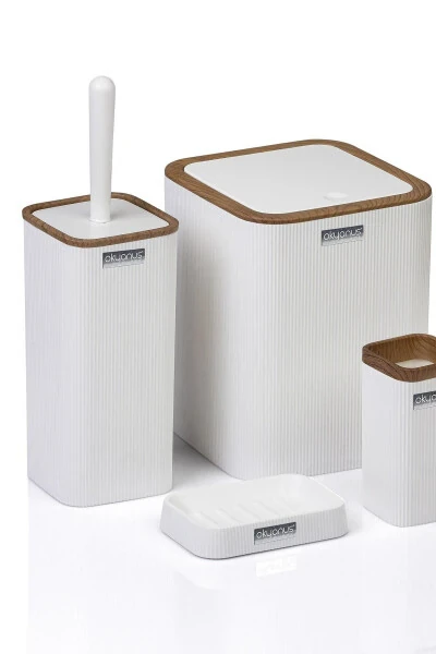Mina White Wooden Patterned Striped Square 5-Piece Bathroom Set - 5