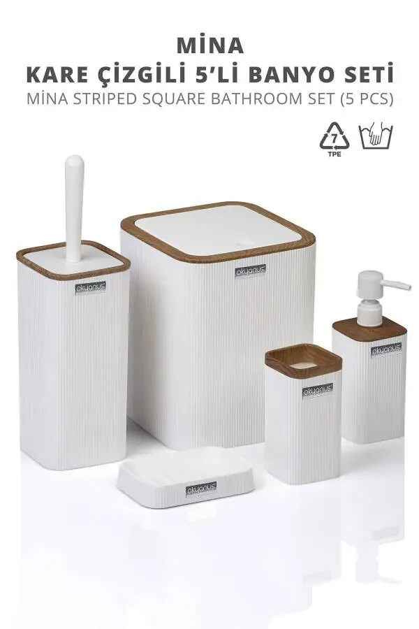 Mina White Wooden Patterned Striped Square 5-Piece Bathroom Set - 6