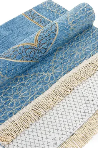 Minaret Patterned Chenille Rug with Lining - Blue - 3