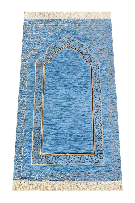 Minaret Patterned Chenille Rug with Lining - Blue - 2