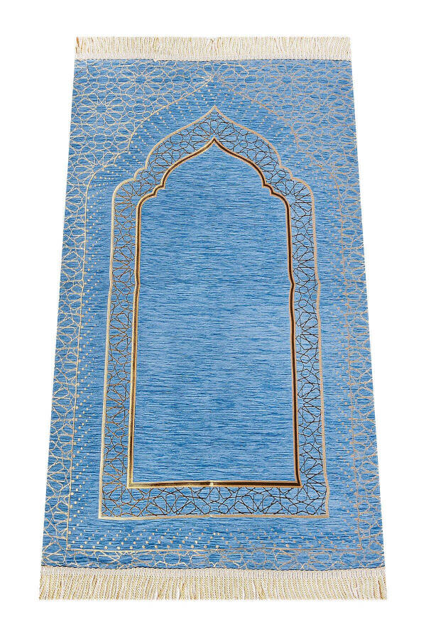 Minaret Patterned Chenille Rug with Lining - Blue - 1