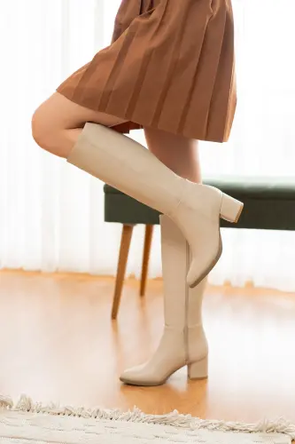 Mindy Beige Leather Heeled 5 Cm Heeled Zippered Side Daily Use Boot-5 cm. Heel Beige - 5