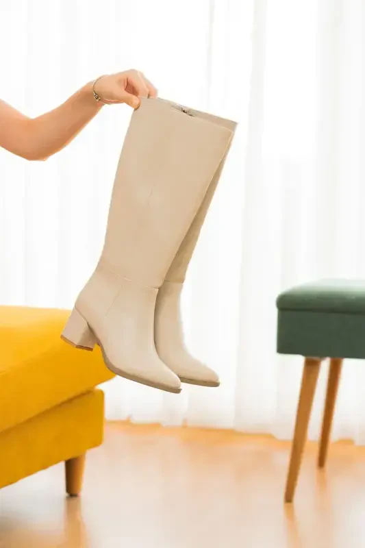 Mindy Beige Leather Heeled 5 Cm Heeled Zippered Side Daily Use Boot-5 cm. Heel Beige - 2
