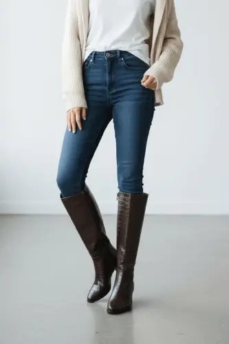 Mindy Kahverengi Kroko Deri Topuklu (5 cm. Topuklu ) Yanı Fermuarlı Günlük Kullanım Çizme-Kahve Kroko - 2