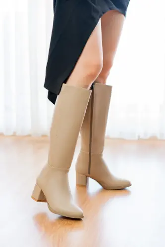 Mindy Nude Leather Heel (5 cm Heel) Side Zippered Daily Use Boot - 5 cm Heel Nude - 2