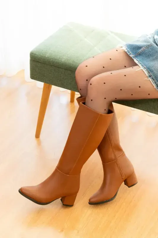 Mindy Taba Leather Heeled (5 cm Heel) Zippered Side Daily Use Boots-Taba Leather - DİVOLYA