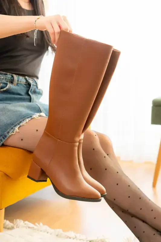 Mindy Taba Leather Heeled (5 cm Heel) Zippered Side Daily Use Boots-Taba Leather - 2