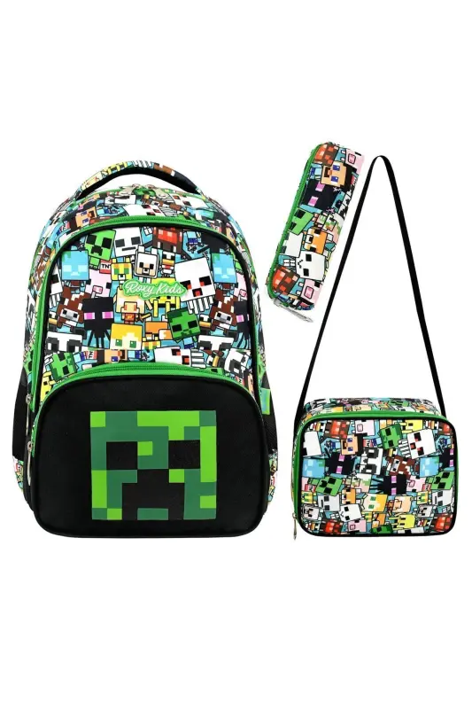 Mine Creeper 3'li to'plam Boshlang'ich maktab sumkasi, termal tushlik sumkasi va qalam qutisi to'plami - 1