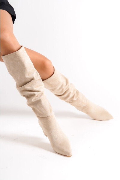 Minelli brand, beige, thick heeled, pointed toe, knee high, pleated boots. - 2