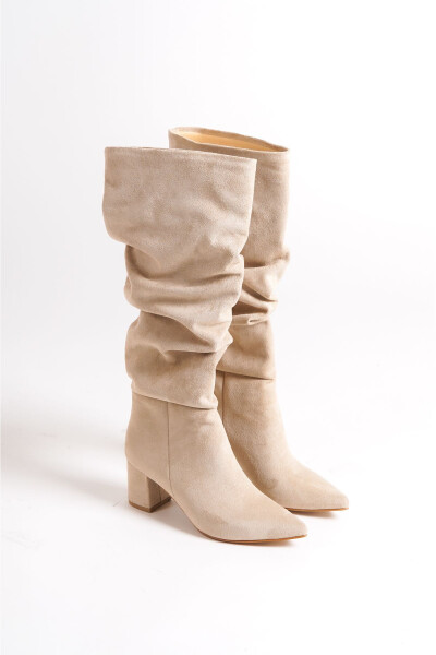 Minelli brand, beige, thick heeled, pointed toe, knee high, pleated boots. - 3