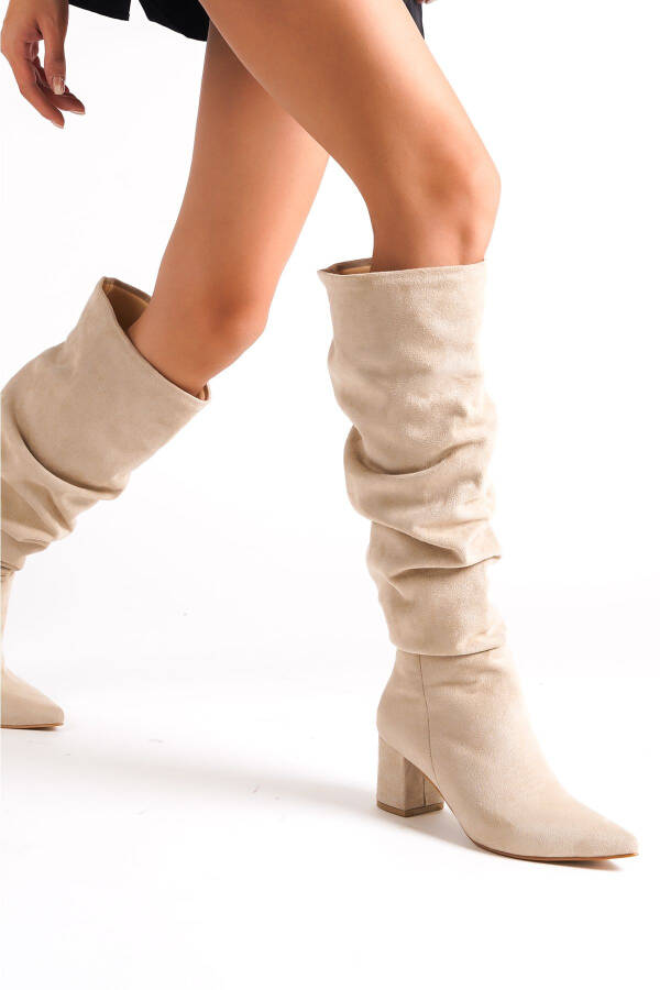 Minelli brand, beige, thick heeled, pointed toe, knee high, pleated boots. - 4