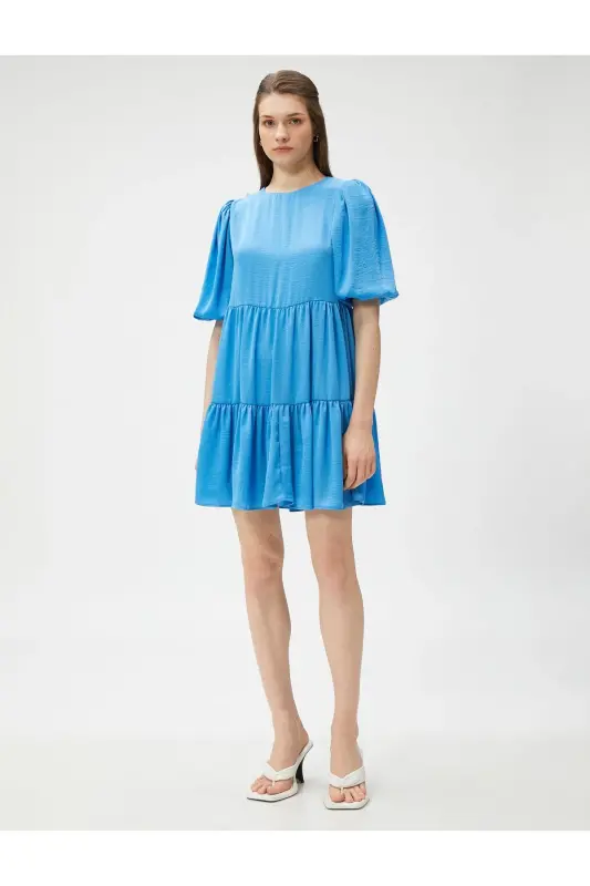 Mini Balloon Sleeve Dress Short Tiered-Blue - 3