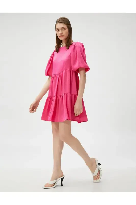 Mini Balloon Sleeve Dress Short Tiered-FUCHSIA - 2