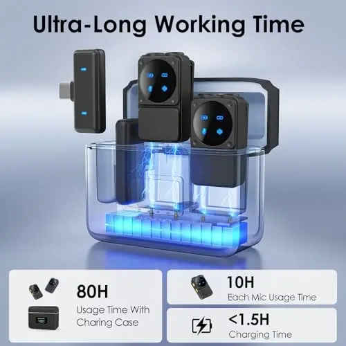 Мини беспроводной петличный микрофон для iPhone iPad Android с разъемом Lightning/USB-C, 80 часов работы, шумоподавление, петличный микрофон для записи, всенаправленный микрофон для видео, Tiktok, Youtube, Vlog - 7