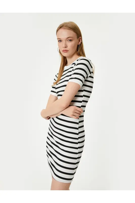 Mini Bodycon Elbise Bisiklet Yaka Kısa Kollu Slim Fit - Ekru Çizgili - 1