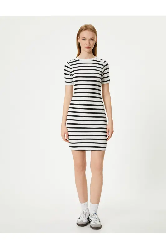 Mini Bodycon Elbise Bisiklet Yaka Kısa Kollu Slim Fit - Ekru Çizgili - 3