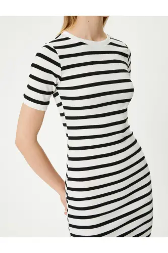 Mini Bodycon Elbise Bisiklet Yaka Kısa Kollu Slim Fit - Ekru Çizgili - 5
