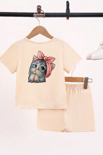 Mini Cat Print Beige Kids Shorts T-shirt Set - Boy Girl Kids Summer Bike Collar - DUBU BUTİK (1)