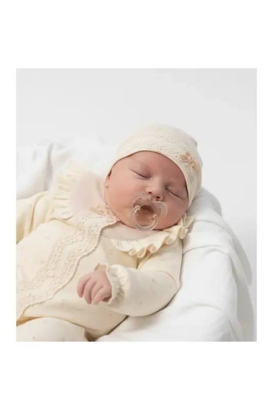 MİNİ CAYZEN KIZ 3-6-9 AY ÇITIR ÇİÇEKLİ %100 Pamuk Tulum Seti-Bej - LIMEBABIES