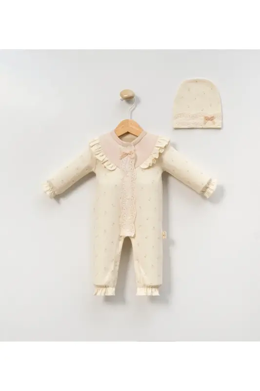 MİNİ CAYZEN KIZ 3-6-9 AY ÇITIR ÇİÇEKLİ %100 Pamuk Tulum Seti-Bej - 2