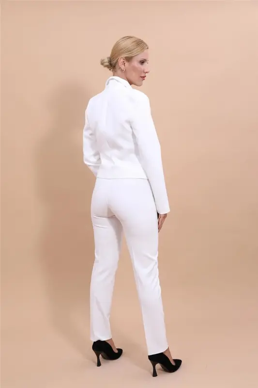 Mini Ceket & Boru Paça Pantolon Takım-Ekru-Ekru - 4