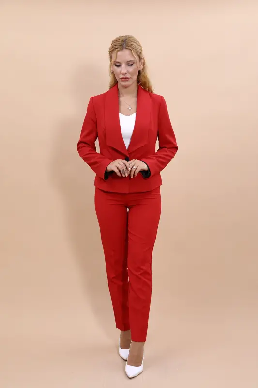 Mini Ceket & Boru Paça Pantolon Takım-kırmızı - Kırmızı - 2