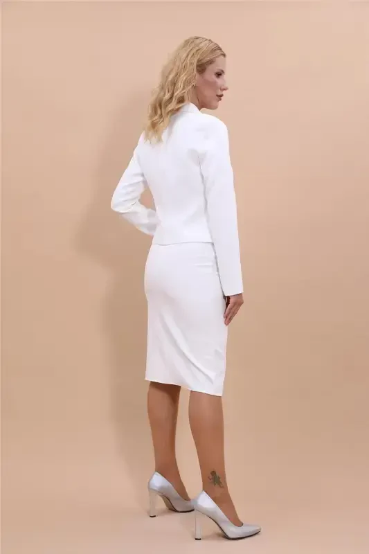 Tek Düğme Mini Ceket & Kısa Kalem Etek Takım-Ekru-Ekru - 4