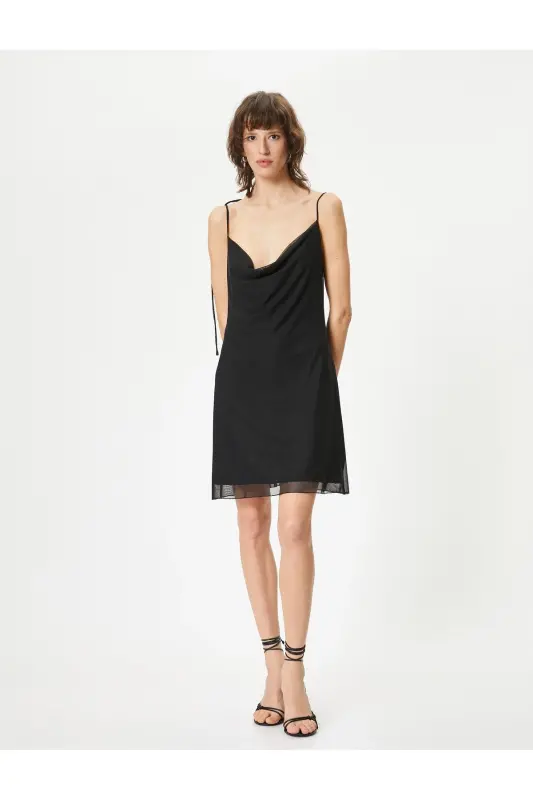 Mini Chiffon Dress Thin Straps Cowl Neck Bow Detailed-Black - 3