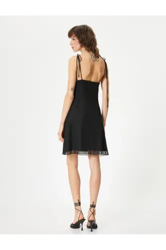 Mini Chiffon Dress Thin Straps Cowl Neck Bow Detailed-Black - 4