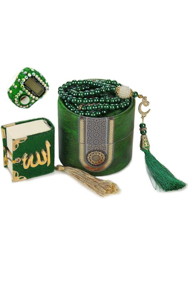 Mini Cylinder Boxed Mevlit Gift Set Green (mini Quran + pearl Tasbih 99 + stone Zikirmatik) - 1