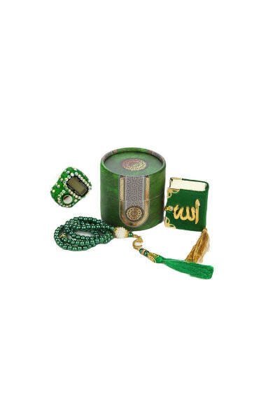 Mini Cylinder Boxed Mevlit Gift Set Green (mini Quran + pearl Tasbih 99 + stone Zikirmatik) - 2