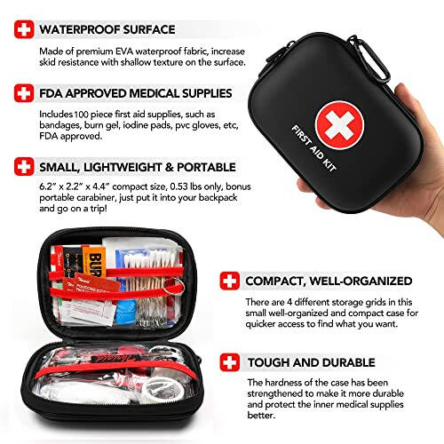 Mini First Aid Kit, 100 Pieces Water-Resistant Hard Shell Small Case - Perfect for Travel, Outdoor, Home, Office, Camping, Hiking, Car (Black) - 5