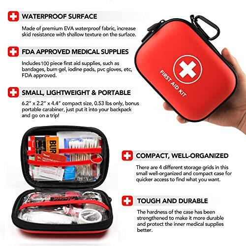 Mini First Aid Kit, 100 Pieces Water-Resistant Hard Shell Small Case - Perfect for Travel, Outdoor, Home, Office, Camping, Hiking, Car (Red) - 5