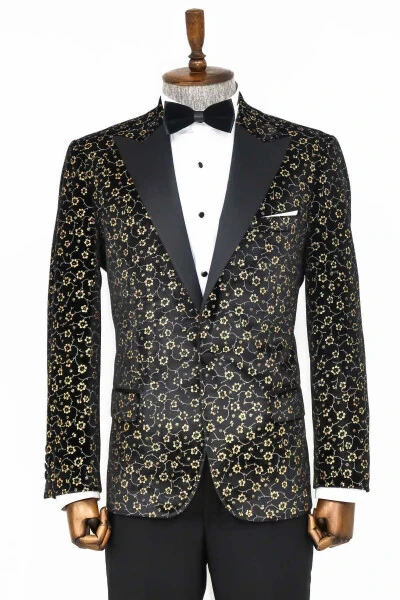 Mini Floral Pattern Black Men's Tuxedo Jacket - Wessi - WESSI
