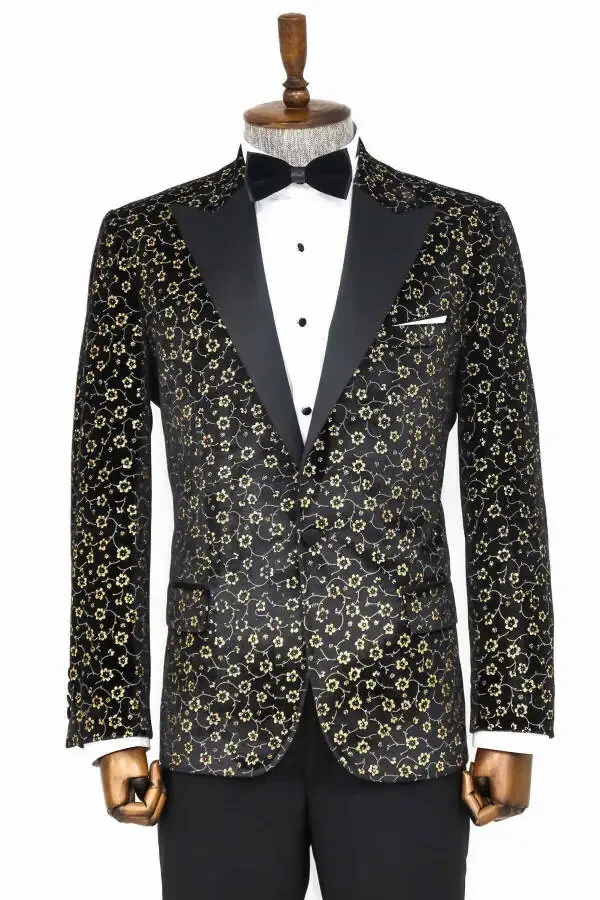 Mini Floral Pattern Black Men's Tuxedo Jacket - Wessi - 1
