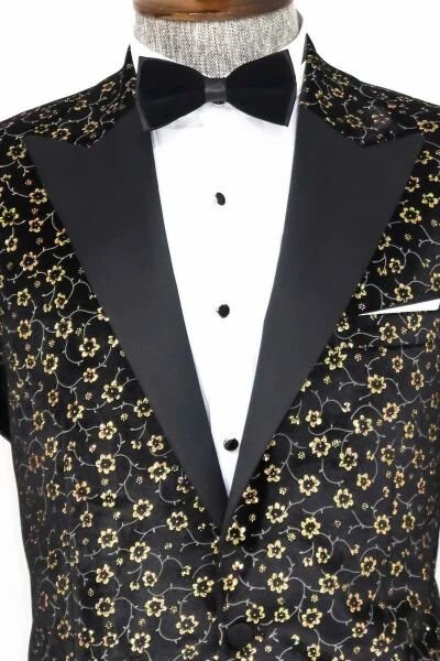 Mini Floral Pattern Black Men's Tuxedo Jacket - Wessi - WESSI (1)