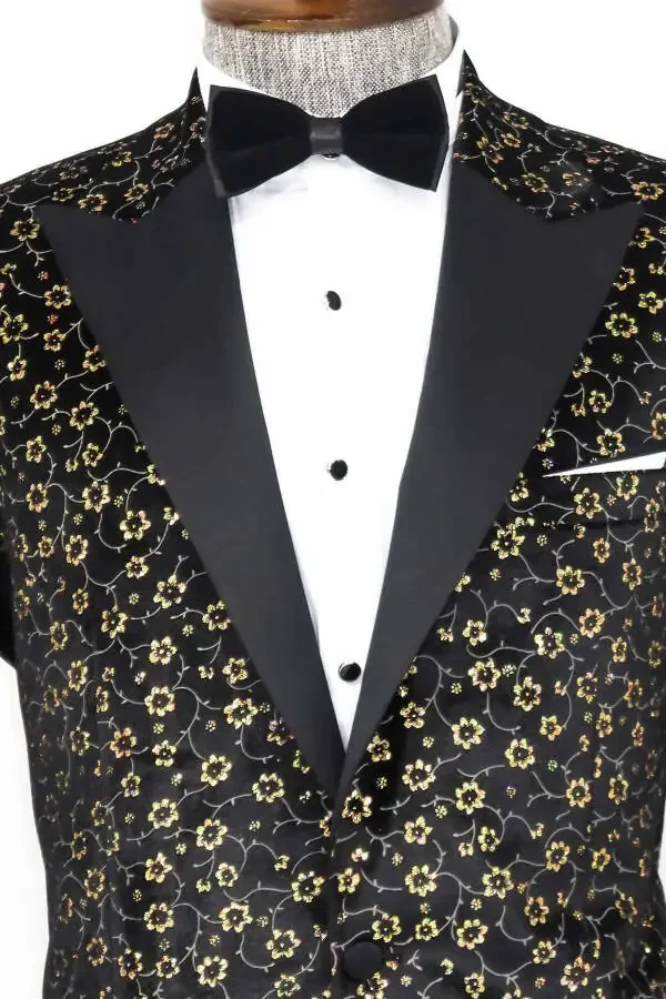 Mini Floral Pattern Black Men's Tuxedo Jacket - Wessi - 2